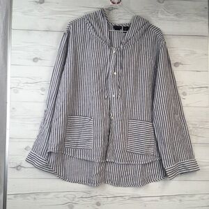 Tahari Sz L Hooded Denim Blue White Beachy 100% Linen Jacket Sweatshirt Top